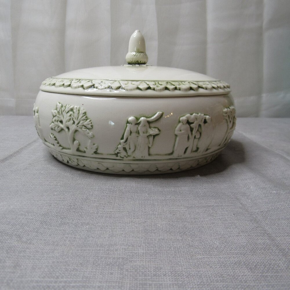 Arnels Beige Green Ceramic Covered Casserole Dish Signed RLE 1968 7" Wide